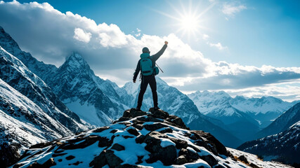 Reaching the summit of a snowy mountain in a victory pose, inspirational workplace corporate culture image