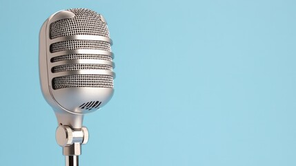 Fototapeta premium A close-up of a vintage microphone against a soft blue background, ideal for music, broadcasting, or speaking event themes.
