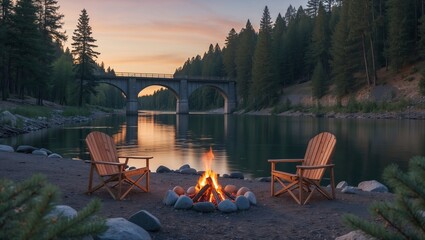 Riverbank camping with a glowing bonfire evening peaceful landscape. Two comfortable wooden chairs by a burning campfire. Cozy peaceful ambience. AI generated