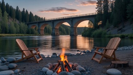 Summer camping at sunset near the river and railway bridge with a burning bonfire. Camping concept with wooden chairs on the shore of a calm river in the evening.