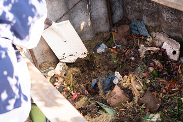 Learn About Composting Day. Composting process: organic waste decomposition with shovel in bin