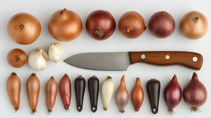 Onion, Onions, Garlic, Assorted Onions, Garlic, and Shallot with Knife