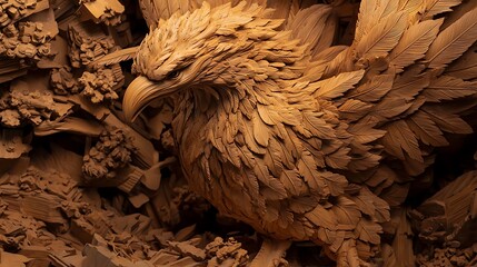 Intricate golden phoenix detail carved on a traditional festival float with elaborate feathers and textured patterns