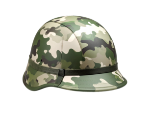 Camouflage Helmet: A sturdy camouflage helmet, expertly crafted to blend seamlessly into the rugged terrain, symbolizing protection, readiness, and the unwavering spirit of those who serve.