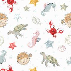 Cute seamless pattern with underwater creatures: crab, seahorse, starfish, sea turtle, puffer fish and water bubbles on white background