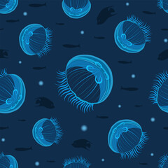 Moon Jellyfishes. Monochrome underwater dark blue seamless pattern