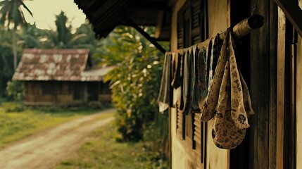 Festival textiles with detailed craftsmanship hanging from wooden architecture, adding cultural depth to the scene