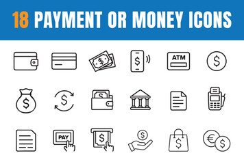 Money or payment icon set. Containing payment, credit card, ATM, purchase, bill, coins in hand, wallet, bank, pay, dollar, Eurodollar, bitcoin and more. Editable line icons. Vector illustration.
