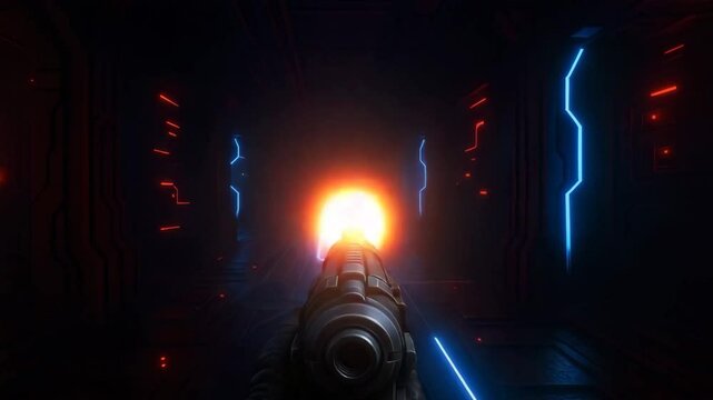 Weapon firing in glowing digital tunnel of cyber universe - concept of futuristic shooter video game and sci-fi combat - Powered by Adobe