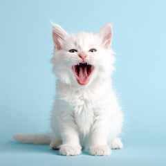 Fototapeta premium Yawning White Maine Coon Kitten on Powder Blue Background