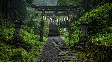 Festival streamers and lanterns hanging from a large torii gate, highlighting intricate craftsmanship and cultural celebration