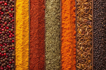Assorted Colorful Spices in Wooden Compartments – Flat Lay Macro