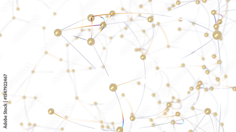 Poster Stock photo of an abstract network with golden nodes and connecting lines. Ideal for technology, connection, and communication concepts.