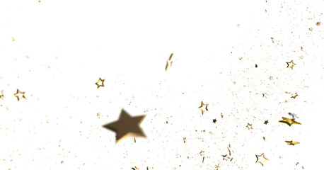 Sparkling gold stars confetti falling on white. Perfect for celebration, festive, and holiday designs.