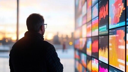 A person analyzing data on digital displays during a vibrant sunset, showcasing the intersection of technology and analytics.