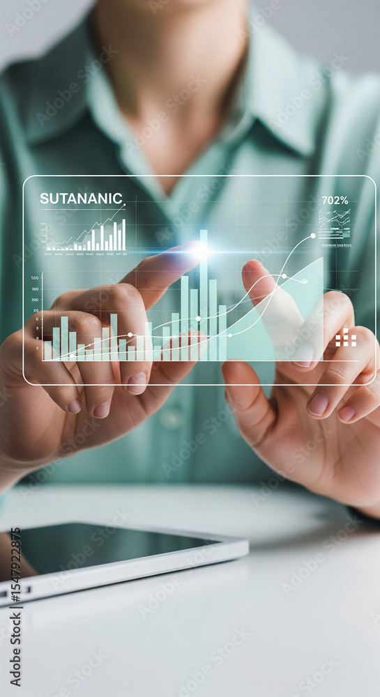 Poster hands interacting with a transparent screen displaying graphs and charts, showcasing business analyt