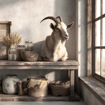 Farmhouse Vibe with a Goat: Rustic Yet Clean Background for Rural Lifestyle Concepts blends countryside charm with modern simplicity. The presence gentle goat adds warmth and authenticity, symbolizing