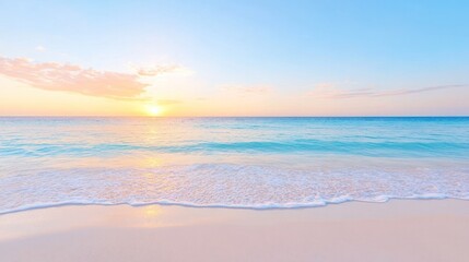 A serene beach at sunset, showcasing vibrant colors reflecting on gentle waves and soft sand, perfect for relaxation and inspiration.
