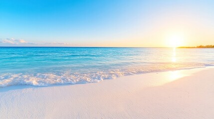 A serene beach at sunset, with vibrant colors and gentle waves lapping against pristine white sand, creating a picturesque escape.