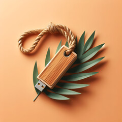 Top View of Wooden USB Flash Drive with Natural Tag on Orange Background with Palm Leaves