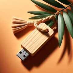 Top View of Wooden USB Flash Drive with Natural Tag on Orange Background with Palm Leaves
