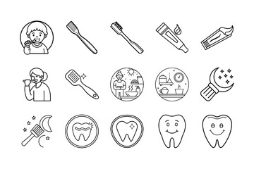 Tooth Brushing Icon Set on White Background