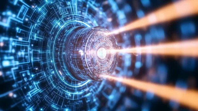 A futuristic AI processor core and technology engine glows brightly, emitting powerful energy beams through a complex digital circuit board, perfect for science, innovation, and corporate videos.