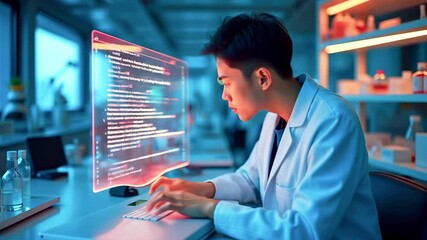 Young scientist in a lab focused on coding with a holographic screen and laboratory equipment around - Powered by Adobe