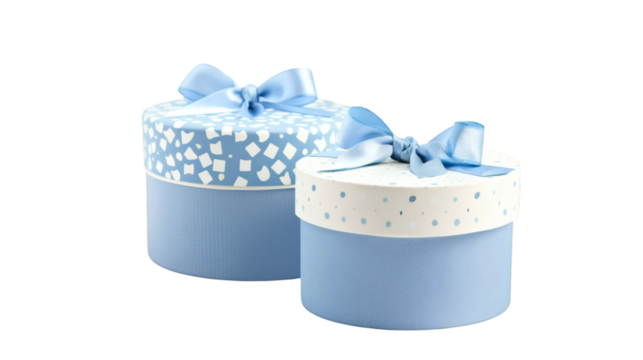 Two blue and white gift boxes with clean ribbons isolated on a white background