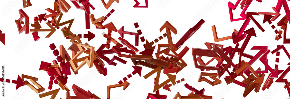 Poster 3d render of chaotic arrows. ideal for direction, choice, decision, and movement concepts.