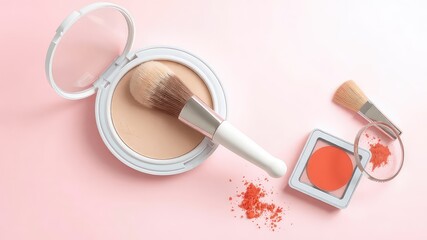 Flat lay composition with blush brush, pressed powder, and blush compact on a pastel pink backdrop