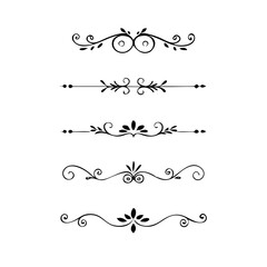 Vector dividers calligraphic line element.Set of Black Hand Drawn Rustic Doodle Design Elements. Decorative Floral Swirls, Scrolls, Text Frames, Dividers. Vintage Vector Illustration. 
