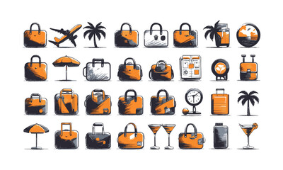 Modern vector illustration set titled Travel and Vacation Icon collection, transport, and beach leisure. Include elements such as airplanes, luggage, beachwear, maps, hotel buildings, easily editable.