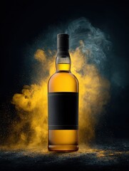 Elegant Whiskey Bottle Surrounded by Ethereal Golden Mist in Dramatic Lighting