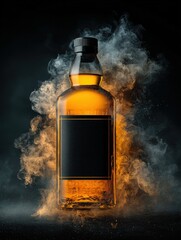Elegant Whiskey Bottle Surrounded by Ethereal Golden Mist in Dramatic Lighting