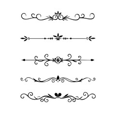 Vector dividers calligraphic line element.Set of Black Hand Drawn Rustic Doodle Design Elements. Decorative Floral Swirls, Scrolls, Text Frames, Dividers. Vintage Vector Illustration. 
