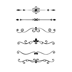 Vector dividers calligraphic line element.Set of Black Hand Drawn Rustic Doodle Design Elements. Decorative Floral Swirls, Scrolls, Text Frames, Dividers. Vintage Vector Illustration. 
