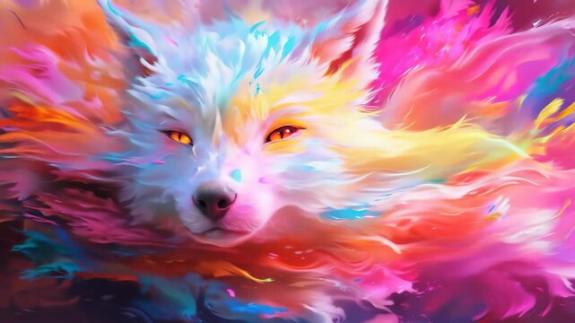 Colorful painting of a wolf with creative abstract elements as background.