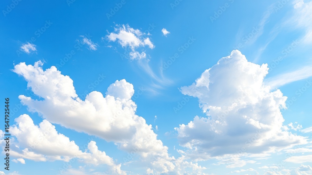 Wall mural a serene view of fluffy white clouds drifting across a bright blue sky, creating a peaceful and calm
