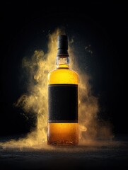 Elegant Whiskey Bottle Surrounded by Ethereal Golden Mist in Dramatic Lighting