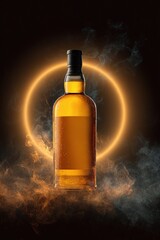 Elegant Whiskey Bottle Surrounded by Ethereal Golden Mist in Dramatic Lighting