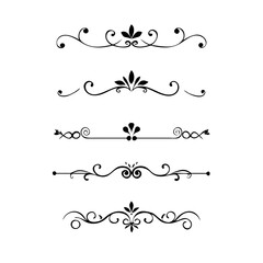 Vector dividers calligraphic line element.Set of Black Hand Drawn Rustic Doodle Design Elements. Decorative Floral Swirls, Scrolls, Text Frames, Dividers. Vintage Vector Illustration. 
