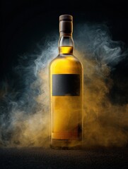 Elegant Whiskey Bottle Surrounded by Ethereal Golden Mist in Dramatic Lighting