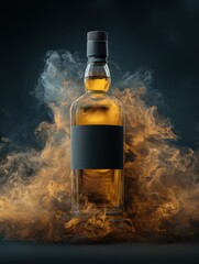 Elegant Whiskey Bottle Surrounded by Ethereal Golden Mist in Dramatic Lighting