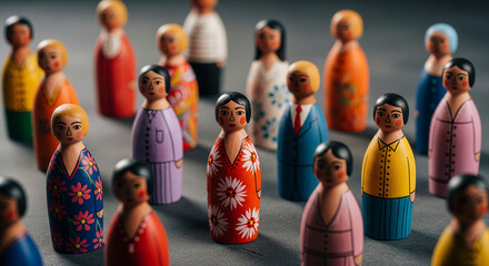 Close-up of diverse painted wooden figurines, standing in a crowd, showcasing diversity and inclusion concept
