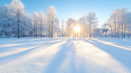 A serene winter landscape featuring frost-covered trees and a radiant sun casting long shadows on fresh snow.