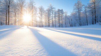 Obraz premium A serene winter landscape showcasing snow-covered fields and tall trees illuminated by bright sunlight during a clear day.