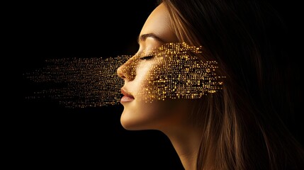 Woman, Female, Face, Golden Data Flow on Woman's Face