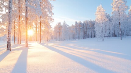 A serene winter landscape with snow-covered trees and a soft sunrise casting long shadows over the pristine white ground.