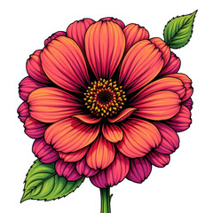 A vibrant, detailed illustration of a large pink and orange flower with layered petals and two green leaves attached to the stem.